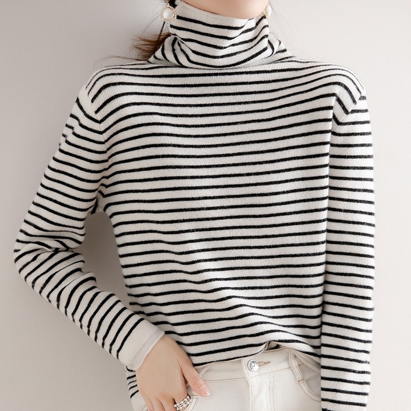 GraceChic GraceChic GraceChic Striped Turtleneck For Women, Autumn Winter 2022 New Simple Versatile Pile Collar Base Shirt, Color Block Slim Fit_voghion.com