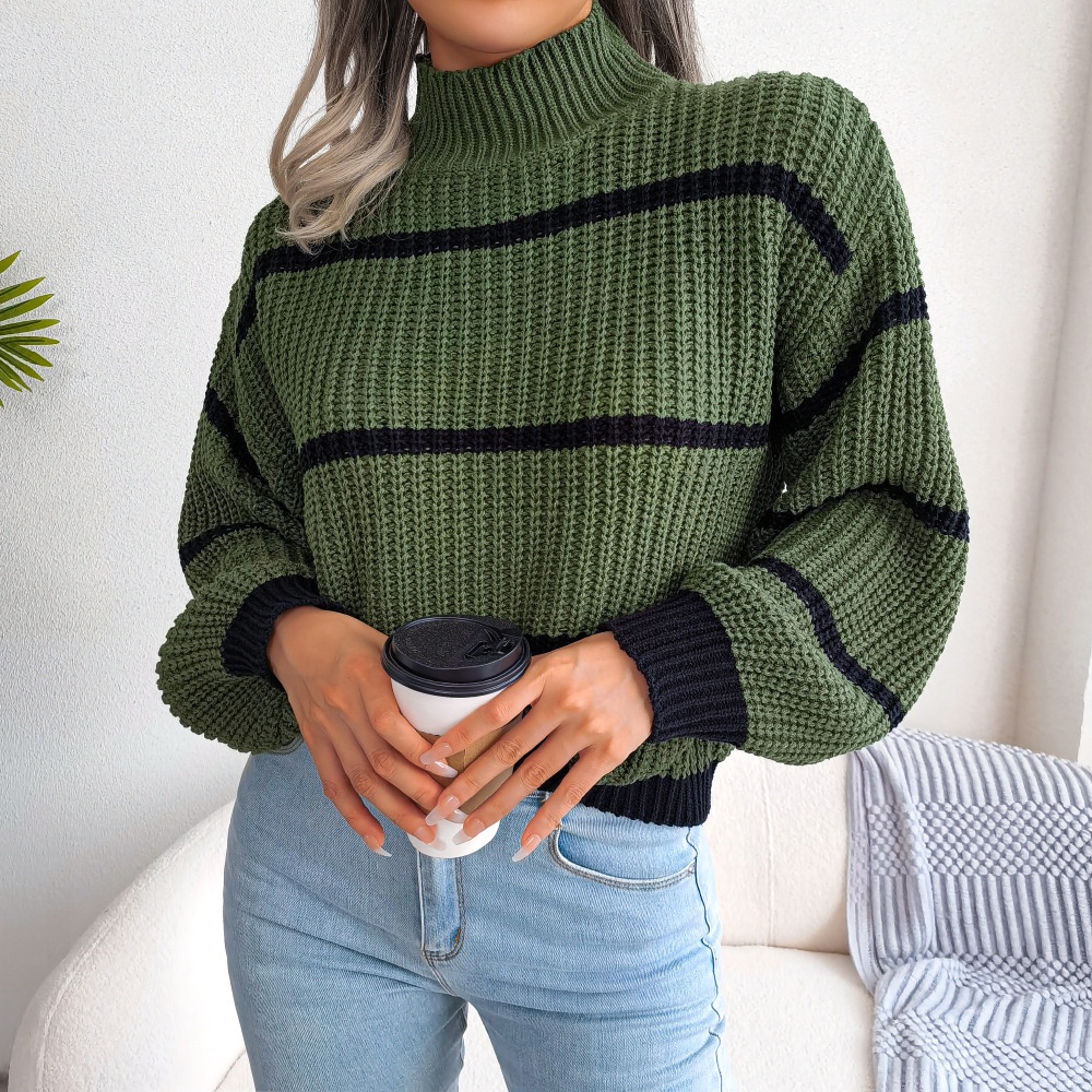GraceChic GraceChic GraceChic 2023 Cross-Border Autumn Winter European And American Style Casual Striped Lantern Sleeve Half Turtleneck Knitted_voghion.com