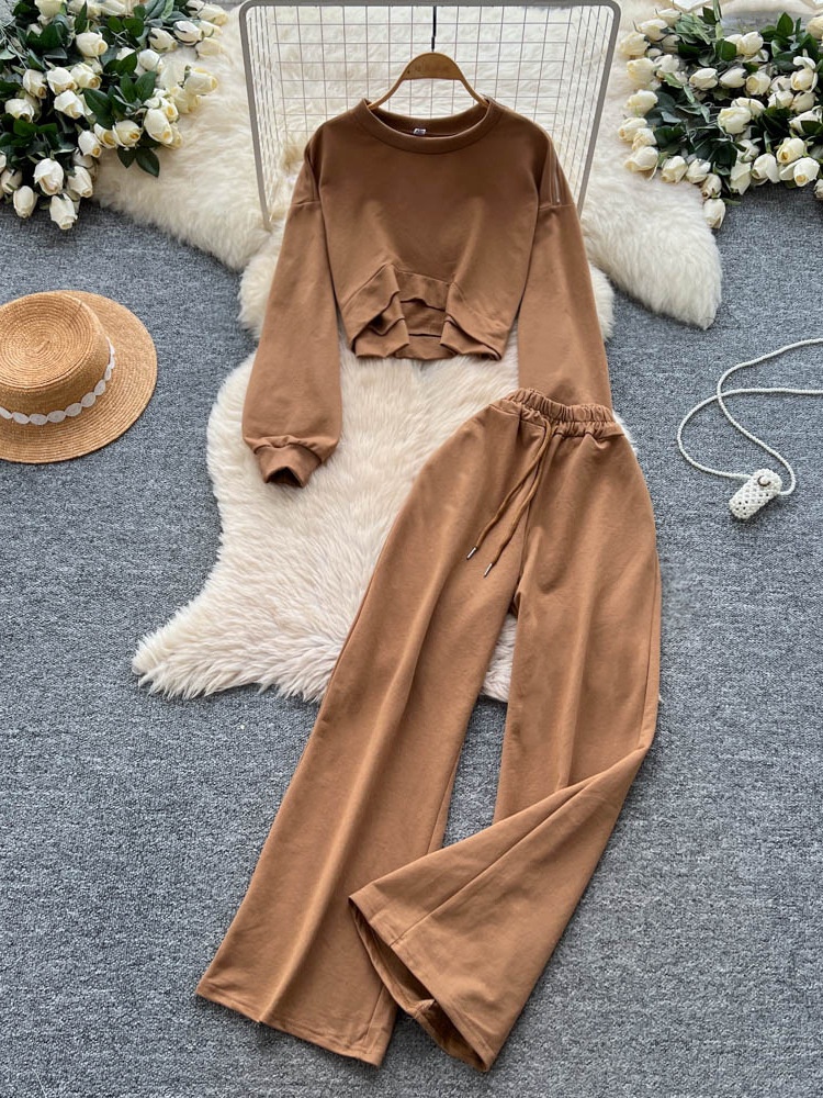 001 Tuta sportiva casual da donna, felpa autunnale a maniche lunghe con scollo rotondo e corto, pantaloni larghi a vita alta e snellenti_voghion.com