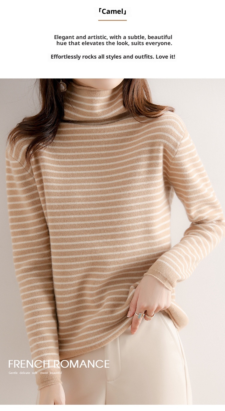 GraceChic GraceChic GraceChic Striped Turtleneck For Women, Autumn Winter 2022 New Simple Versatile Pile Collar Base Shirt, Color Block Slim Fit_voghion.com