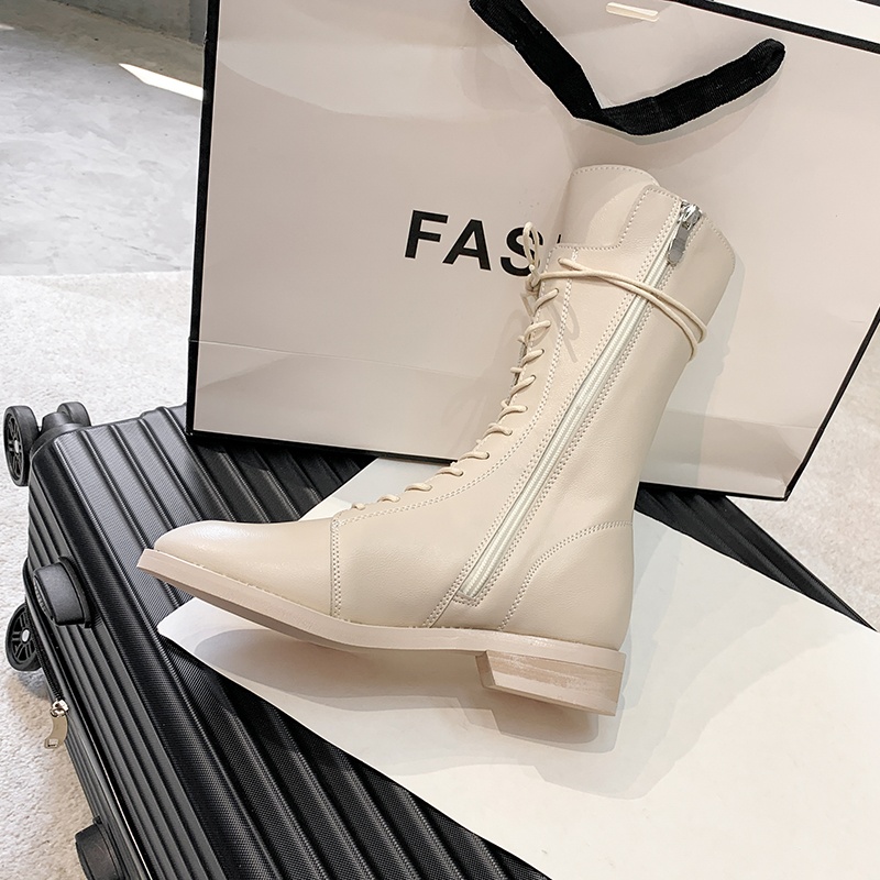 ShoeVault Genuine Leather Martin 2023 New British Style White Short For Women Spring And Autumn Mid-Calf Riding Boots With Fleece_voghion.com