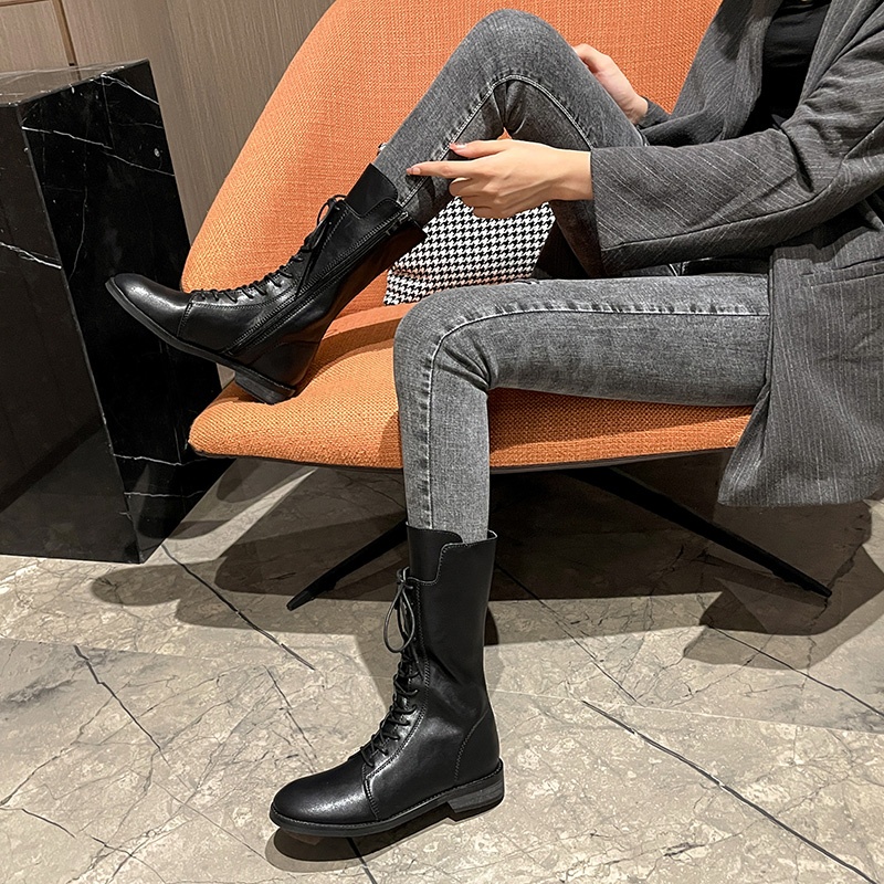 ShoeVault Genuine Leather Martin 2023 New British Style White Short For Women Spring And Autumn Mid-Calf Riding Boots With Fleece_voghion.com