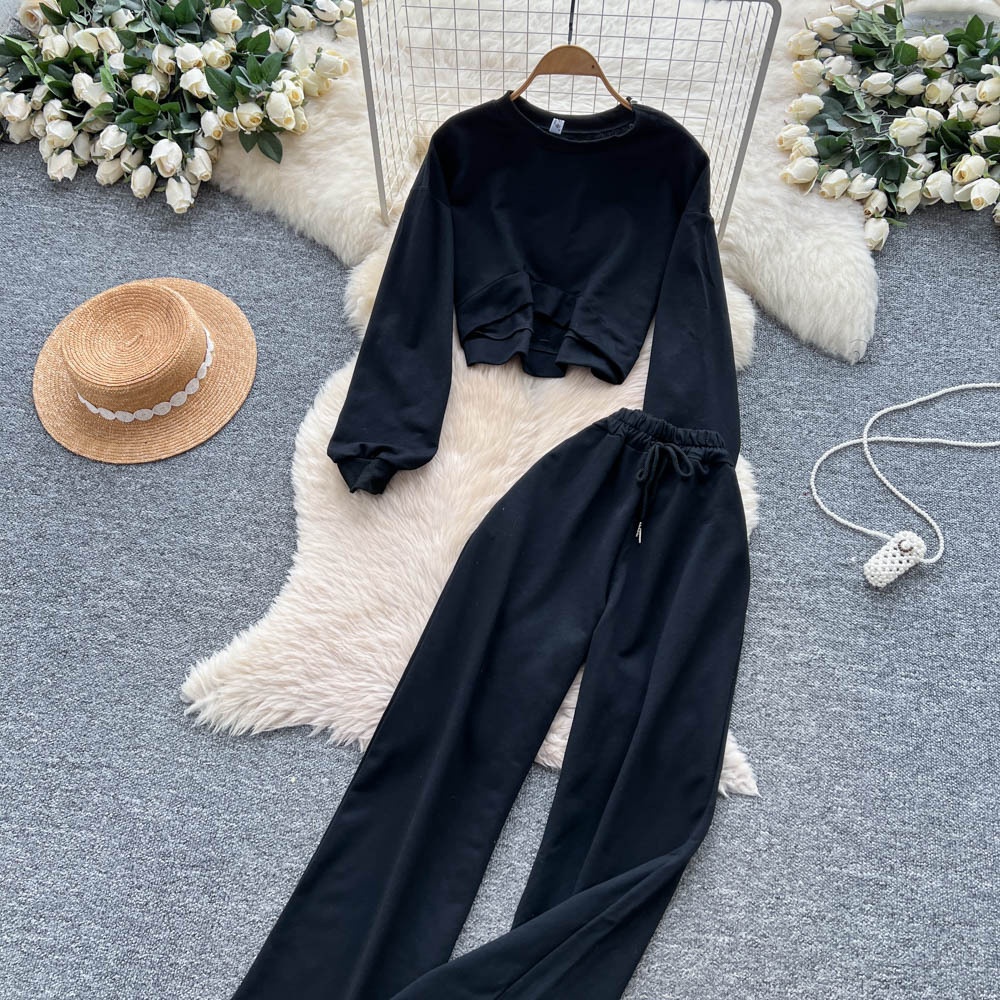 001 Tuta sportiva casual da donna, felpa autunnale a maniche lunghe con scollo rotondo e corto, pantaloni larghi a vita alta e snellenti_voghion.com