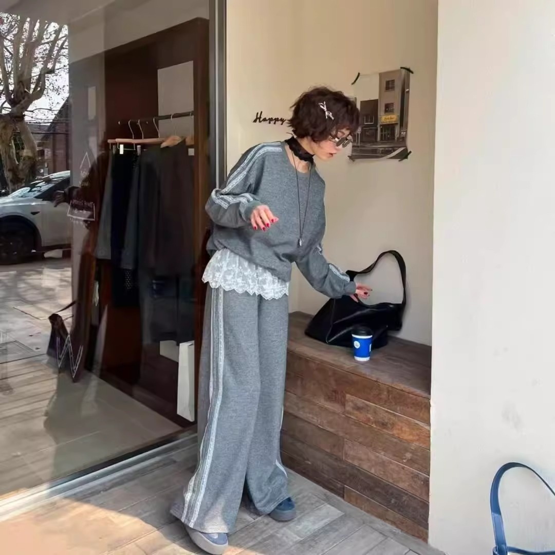 001 Women's Sports Suit Spring Autumn 2025 Fashionable Stylish Casual Gray Loose Sweatshirt With Lace Lazy Wide Leg_voghion.com