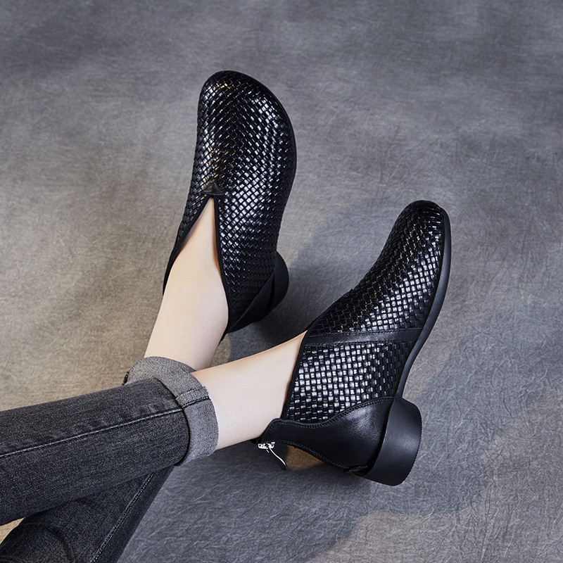 Chaussures montantes ShoeVault Vintage Original New Flat And Bare Short Woven Handmade en cuir véritable pour femmes, fermeture éclair arrière, bottines simples_voghion.com
