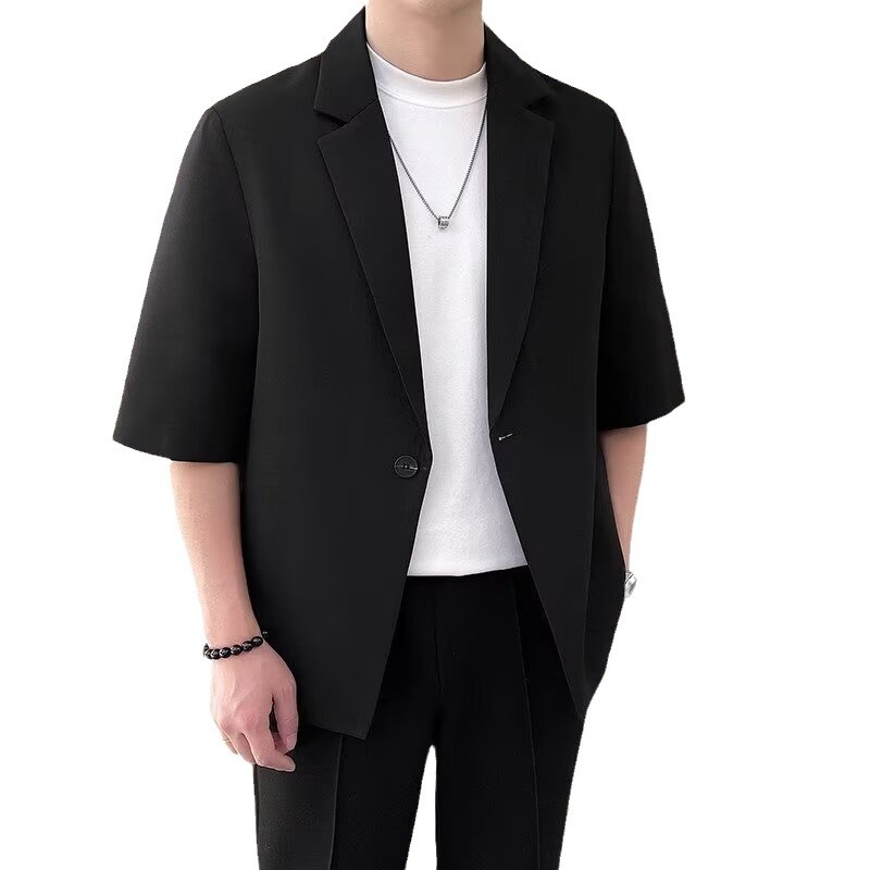 boy Summer Mid-Sleeve Suit Set For Men Slim Fit Casual Short Men's Fashionable Seven-Quarter Sleeve Small Blazer Korean_voghion.com