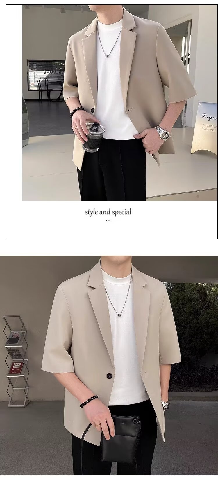 Completo estivo da uomo a maniche corte, slim fit, casual, alla moda, con maniche a sette quarti, piccolo blazer coreano_voghion.com