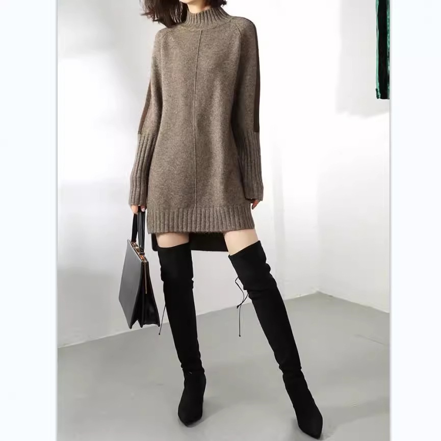 GraceChic Cross-Border Autumn New Half-High Collar Color-Block Sweater Women's Mid-Length Loose Plus Size Knitted Dress_voghion.com