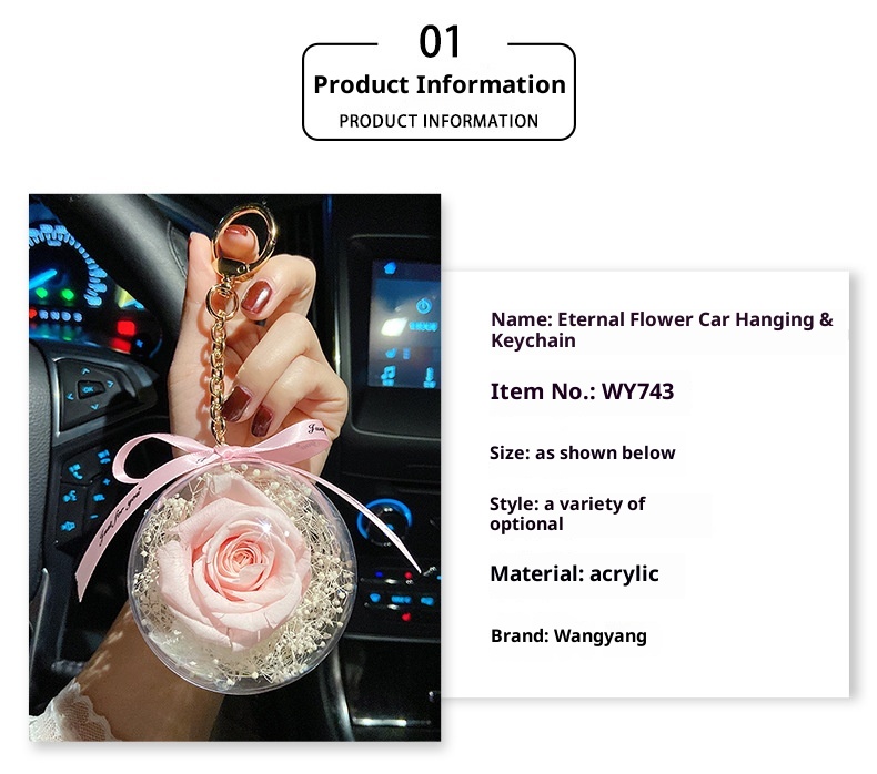 Portachiavi creativo con fiore eterno, in acrilico, con palla di rosa, regalo di festa per la moglie, decorazione per interni auto_voghion.com