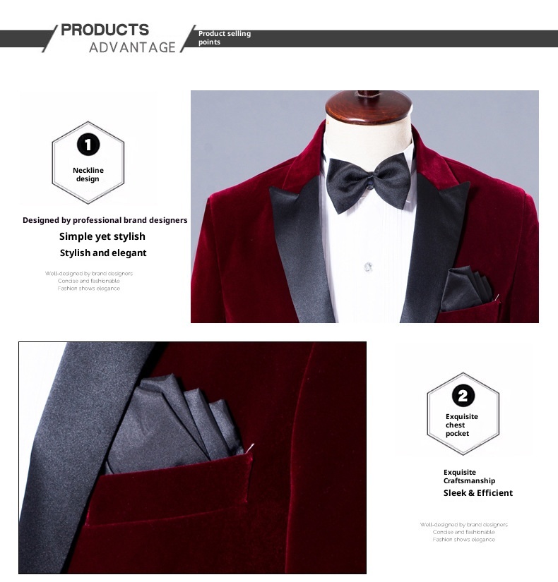 Herren-Freizeitanzug für Jungen, Smoking-Set für Gastgeber, Sänger, Auftrittsoutfit, Bräutigam, Business-Anzug, festliche Kleidung, Burgunderrot, Samt, Königsblau_voghion.com