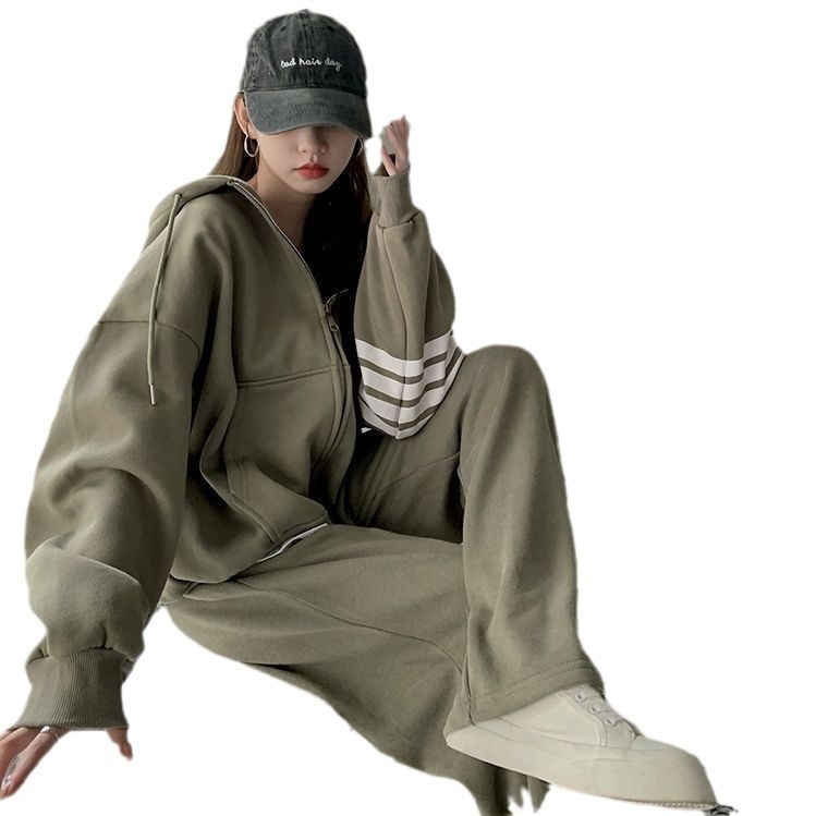 001 Thickened Hooded Sports Women, Spring, Autumn, Winter Korean Style, Loose Fit For Students, Fashionable Casual Two-Piece_voghion.com