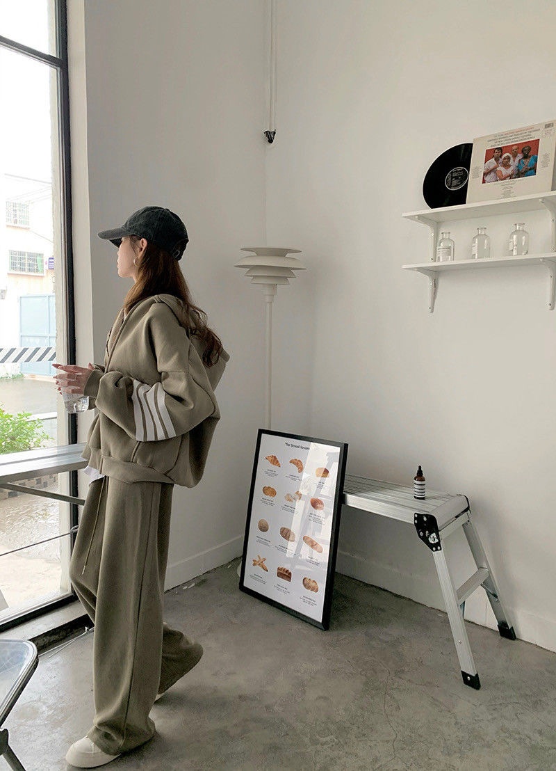 001 Thickened Hooded Sports Women, Spring, Autumn, Winter Korean Style, Loose Fit For Students, Fashionable Casual Two-Piece_voghion.com