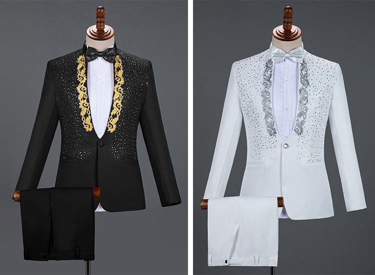 Costume da esibizione per uomo, adulto, con colletto alto e paillettes, cantante, presentatore, coro da palcoscenico, completo formale da uomo_voghion.com