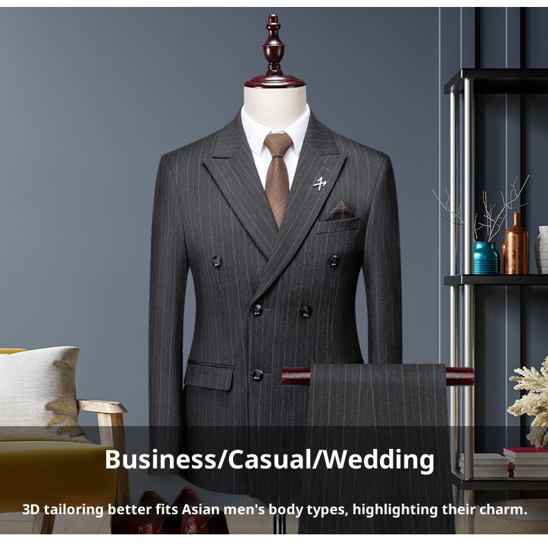 Jongen High-End Koffiekleurige Gestreepte Set Voor Heren Met Split En Dubbelrijs Zwart Zakelijk Pak Bruidegom Trouwoutfit_voghion.com