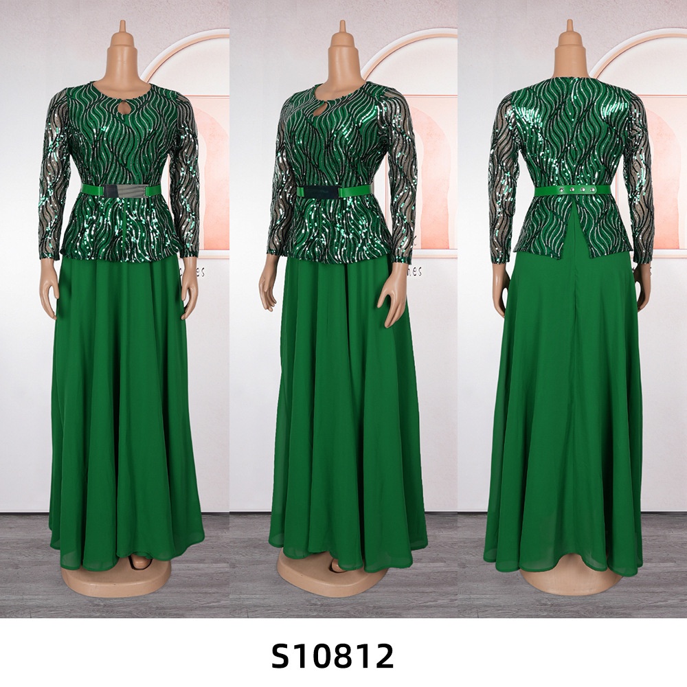 GraceChic Cross-Border Foreign Trade Sequin Banquet Party Long African Women's Clothing Plus Size Dress With Belt_voghion.com