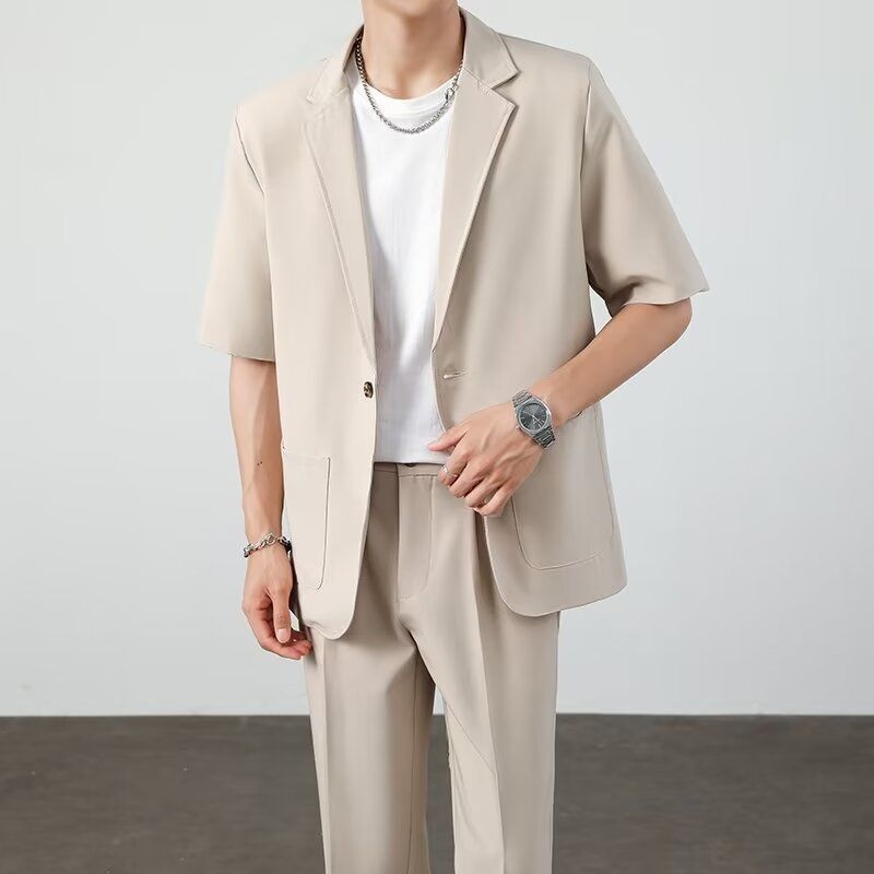 ragazzo Xia Pi Shuai Ice Silk Sottile Corto Uomo Moda Completo Due Pezzi Set Manica Cinque Quarti Casual_voghion.com