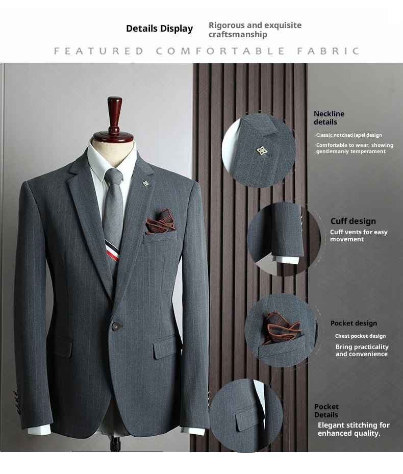 Traje de hombre con rayas grises, estilo coreano, corte ajustado, ideal para bodas, banquetes y eventos formales e informales._voghion.com