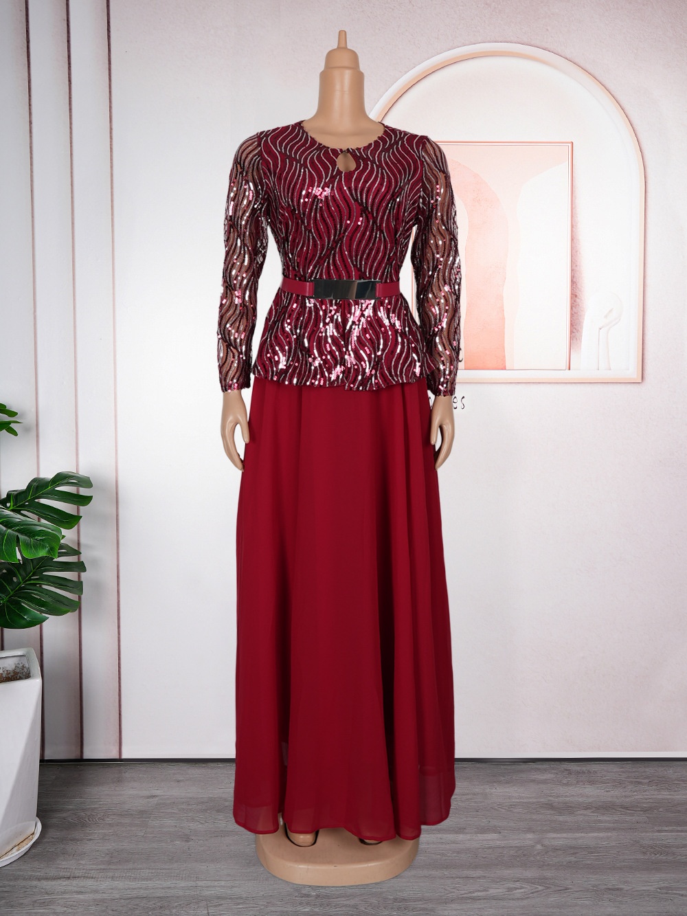 GraceChic Cross-Border Foreign Trade Sequin Banquet Party Long African Women's Clothing Plus Size Dress With Belt_voghion.com