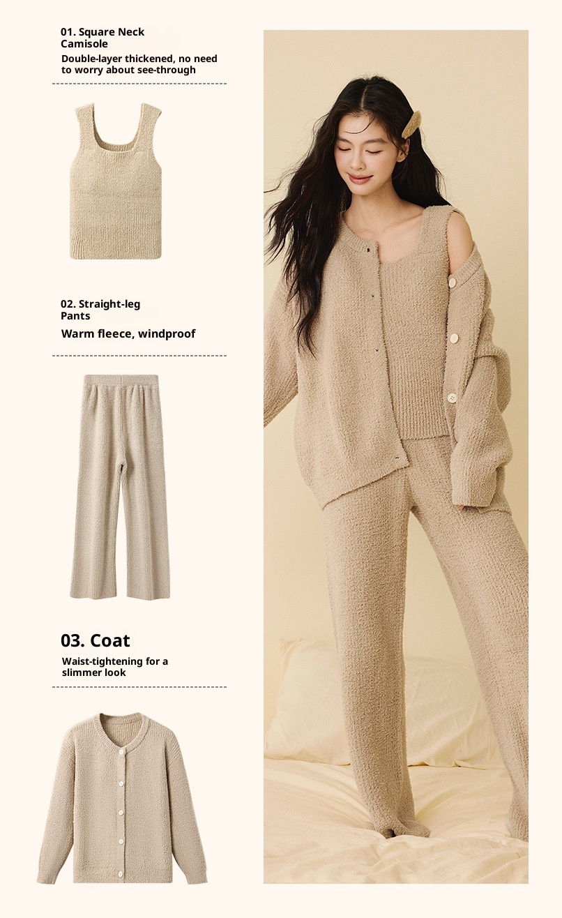 ChicShe New Soft Fluffy Half-Fleece Pajamas Women, Autumn And Winter Korean Style Elegant Camisole Three-Piece Set, Suitable For_voghion.com