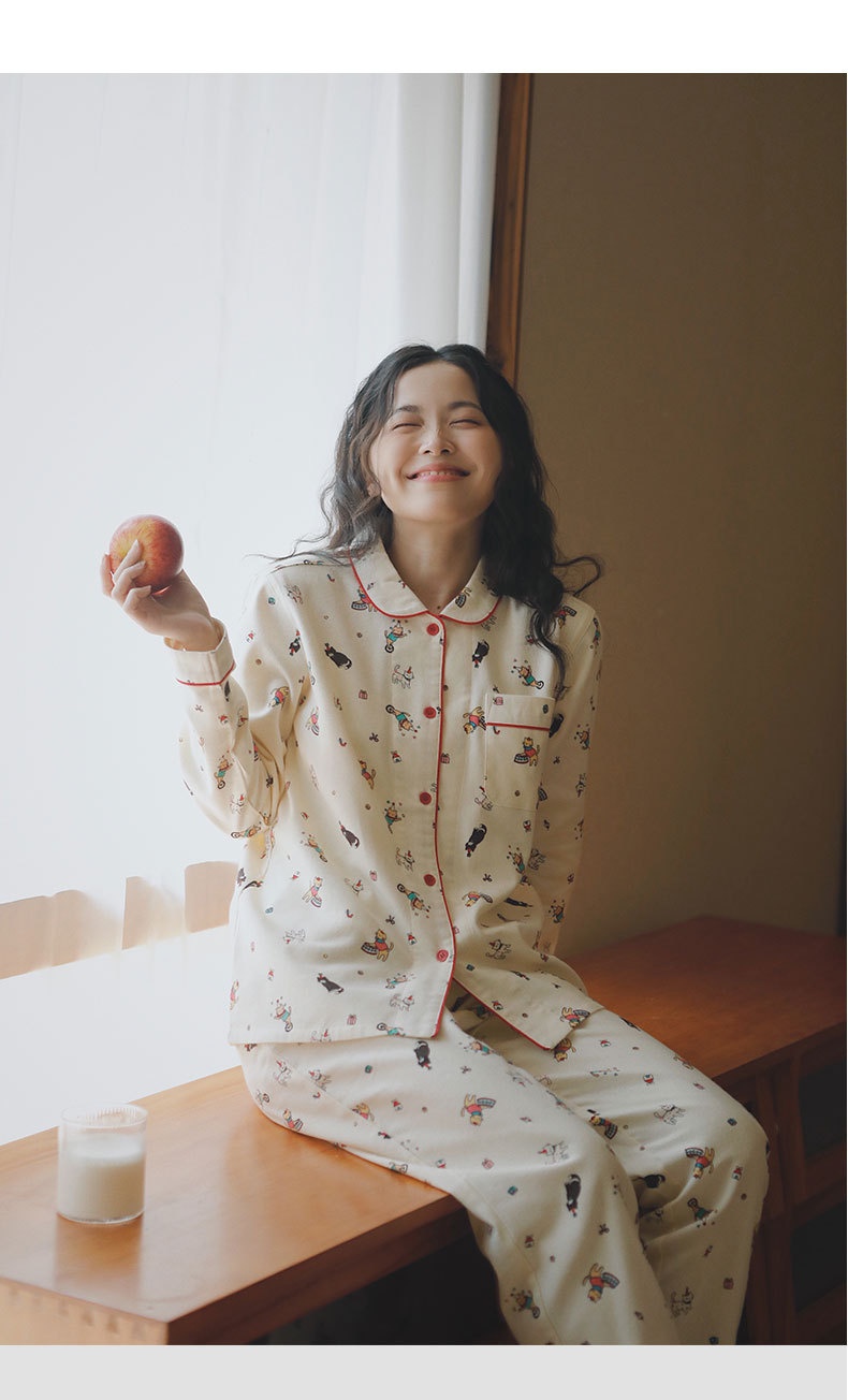 ChicShe Circus 69 – Japanischer Pyjama für Damen, Frühlings- und Winter-Homewear-Set aus gebürsteter Baumwolle mit Cartoon-Motiven_voghion.com