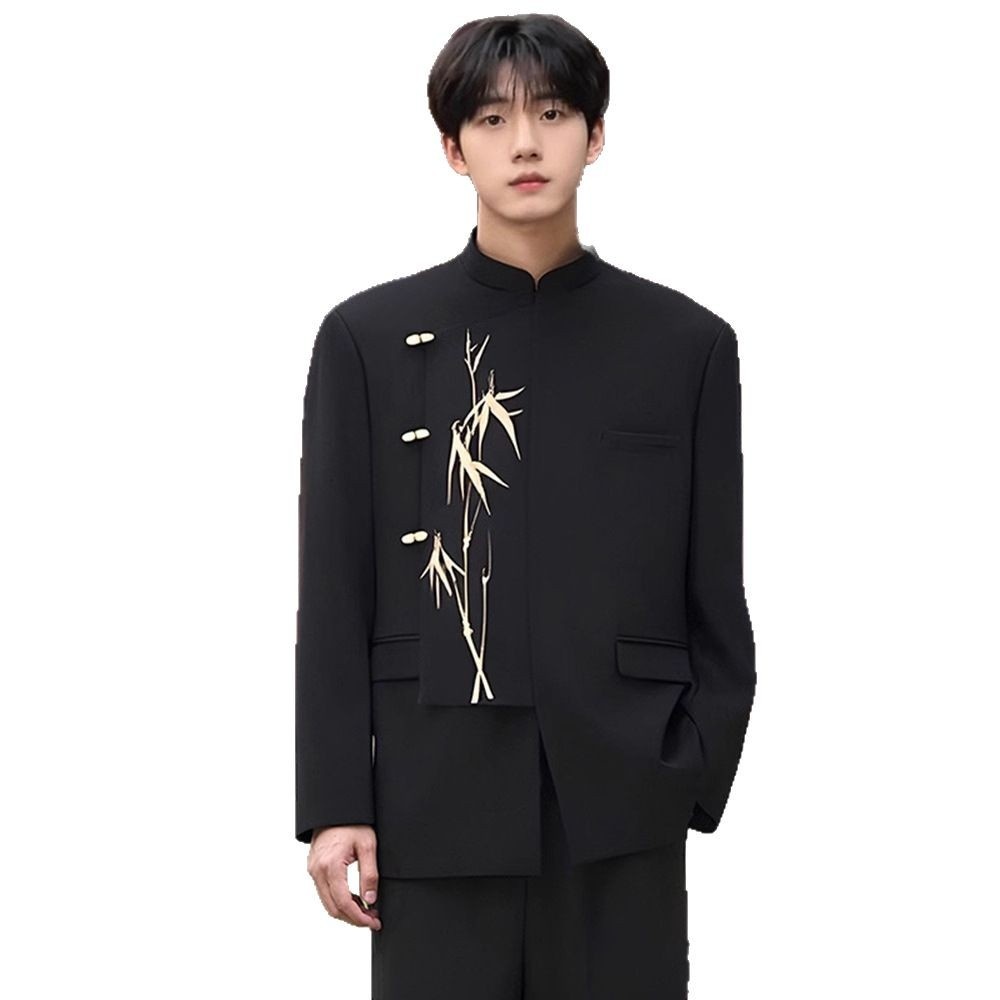 boy New Chinese Men's Formal Engagement Ceremony Irregular Set National Style Stand Collar Golden Bamboo Embroidery_voghion.com