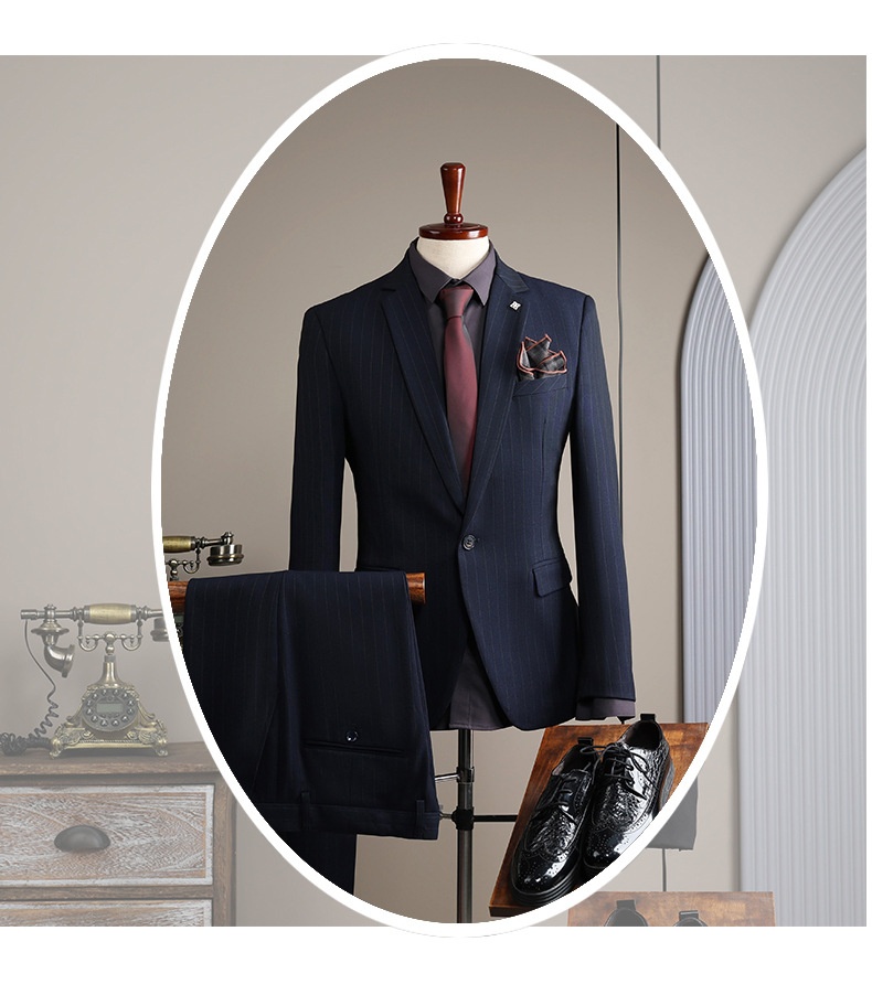 Traje de hombre con rayas grises, estilo coreano, corte ajustado, ideal para bodas, banquetes y eventos formales e informales._voghion.com