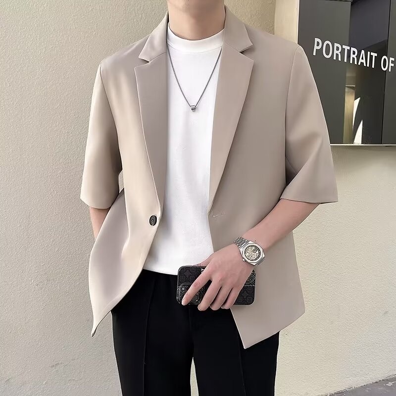 Completo estivo da uomo a maniche corte, slim fit, casual, alla moda, con maniche a sette quarti, piccolo blazer coreano_voghion.com