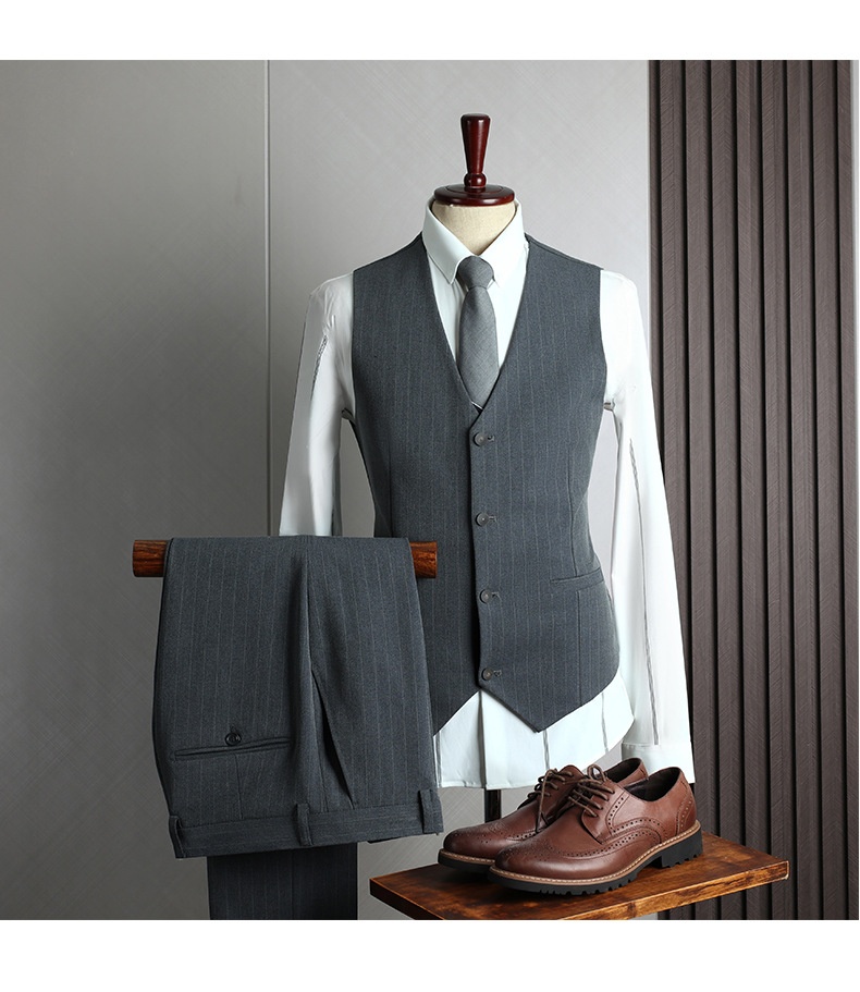 Traje de hombre con rayas grises, estilo coreano, corte ajustado, ideal para bodas, banquetes y eventos formales e informales._voghion.com
