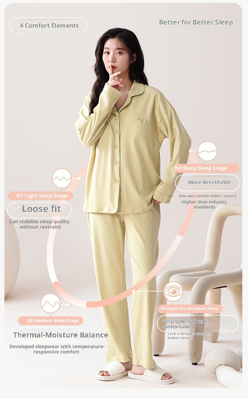 ChicShe 100% Cotton Padded Pajamas Women, Long Sleeve Pants, Simple Casual Korean Style Cardigan With Turn-Down Collar, Suitable_voghion.com