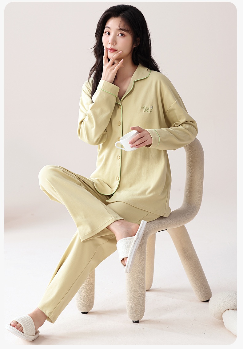 ChicShe 100% Cotton Padded Pajamas Women, Long Sleeve Pants, Simple Casual Korean Style Cardigan With Turn-Down Collar, Suitable_voghion.com