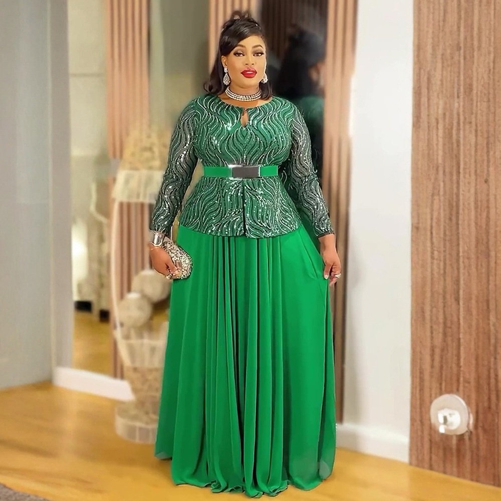 GraceChic Cross-Border Foreign Trade Sequin Banquet Party Long African Women's Clothing Plus Size Dress With Belt_voghion.com