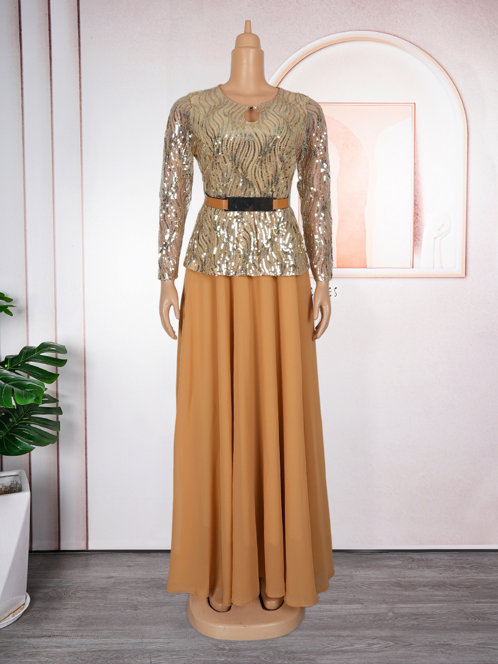 GraceChic Cross-Border Foreign Trade Sequin Banquet Party Long African Women's Clothing Plus Size Dress With Belt_voghion.com