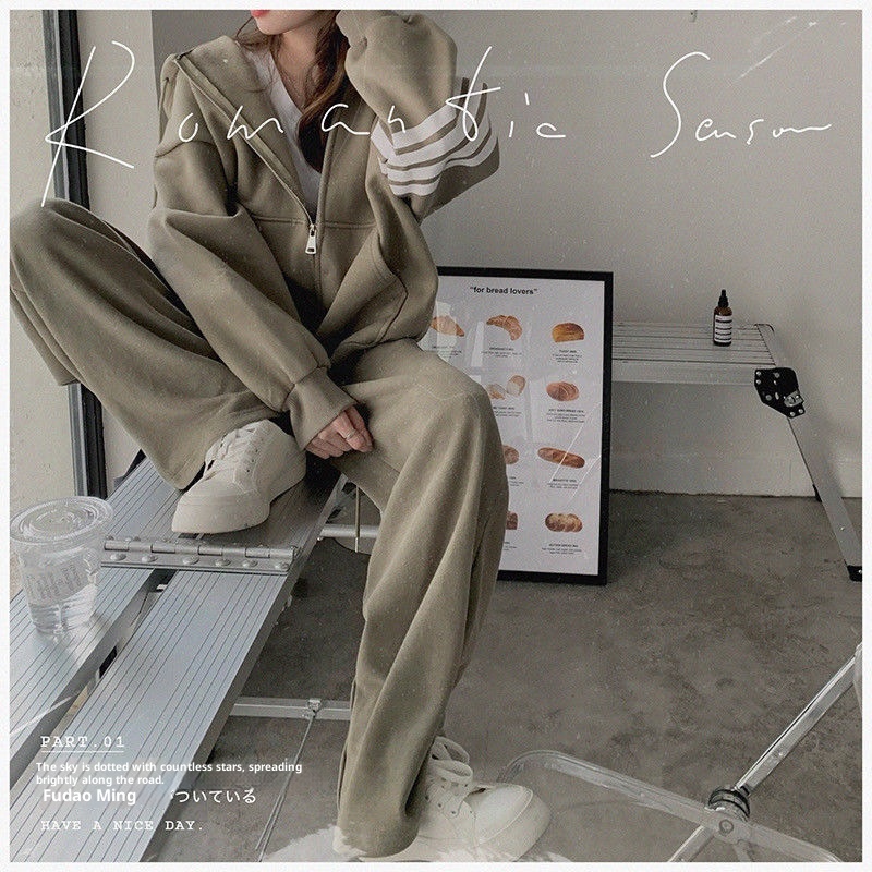 001 Thickened Hooded Sports Women, Spring, Autumn, Winter Korean Style, Loose Fit For Students, Fashionable Casual Two-Piece_voghion.com