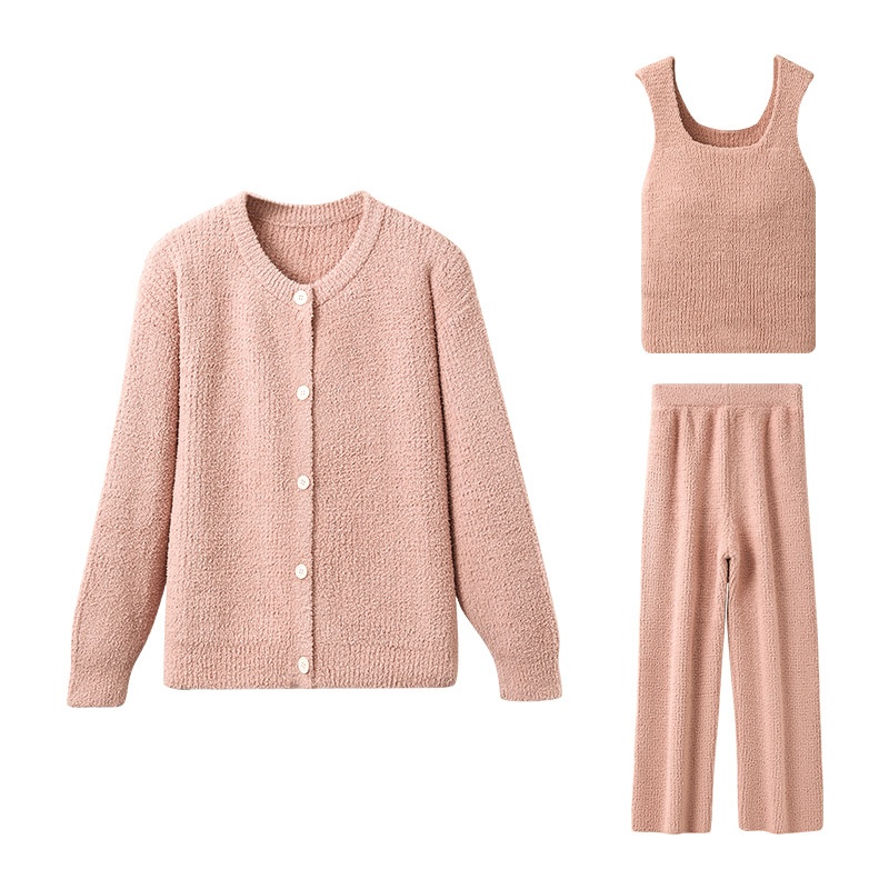 ChicShe New Soft Fluffy Half-Fleece Pajamas Women, Autumn And Winter Korean Style Elegant Camisole Three-Piece Set, Suitable For_voghion.com