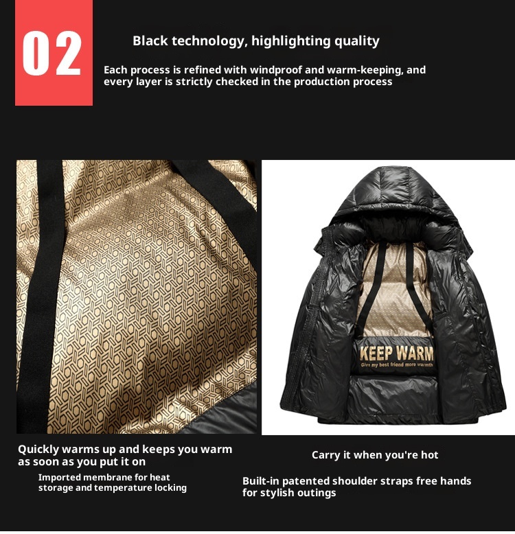 ChicShe Minus 40 Grad Nordosten Schwarz Gold Paar Daunenjacke Unisex Warm Kapuze Extrem Kalt Lang und Kurz Modischer Mantel_voghion.com