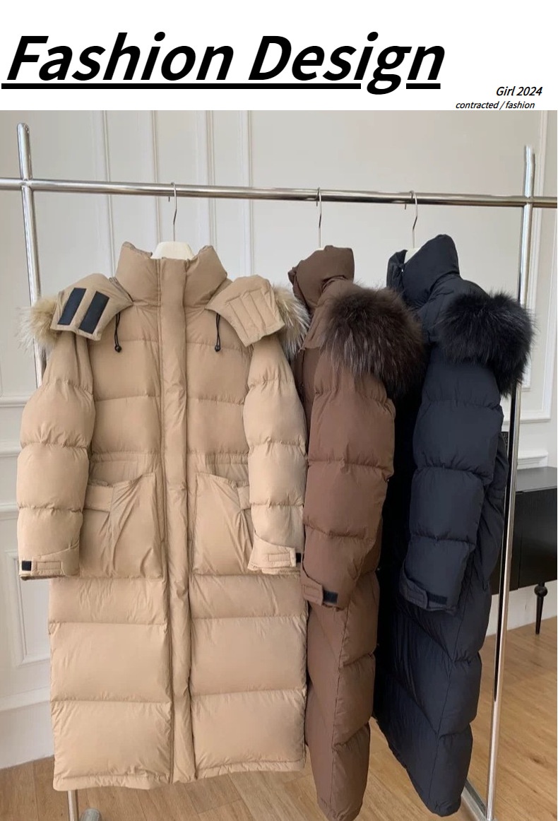 ChicShe 2024 New Winter Large Fur Collar Hooded Thickened Long White Duck Warm Korean Style Women's Down Jacket Coat_voghion.com