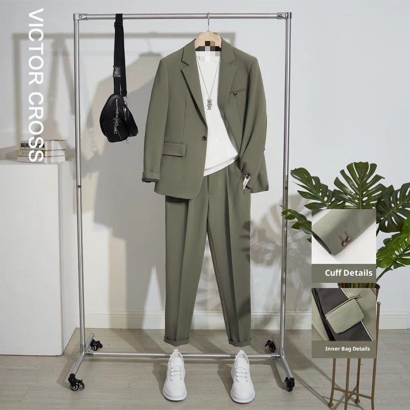 Ensemble de costume décontracté haut de gamme pour homme, style coréen printemps-été, coupe ample et élégante, blazer court et drapé tendance._voghion.com