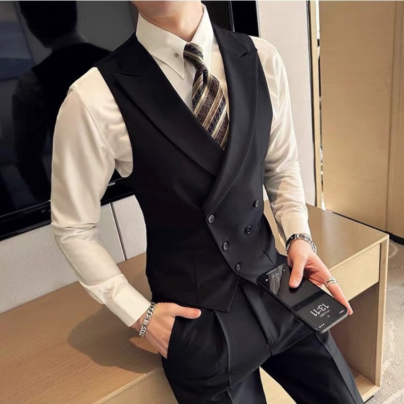 Terno masculino de alta qualidade, conjunto de colete e calça, casual, com botões, estilo britânico, ideal para padrinhos de casamento e irmãos, com lapela de pico._voghion.com