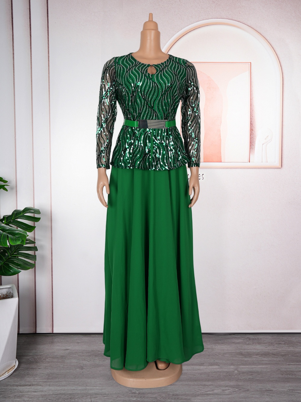 GraceChic Cross-Border Foreign Trade Sequin Banquet Party Long African Women's Clothing Plus Size Dress With Belt_voghion.com