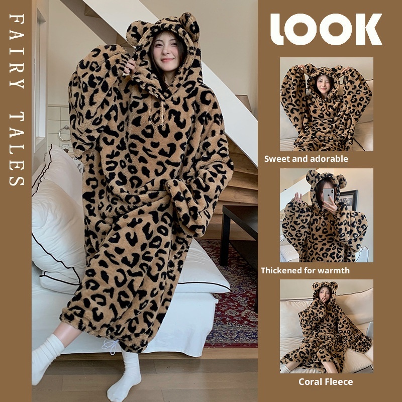 ChicShe Cross-Border Women's Winter New Thickened Flannel Hooded Nightgown European And American Style Plus Size Loose Warm_voghion.com