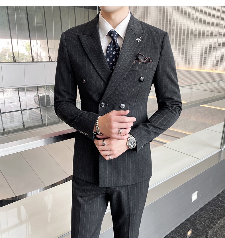 Jongen High-End Koffiekleurige Gestreepte Set Voor Heren Met Split En Dubbelrijs Zwart Zakelijk Pak Bruidegom Trouwoutfit_voghion.com