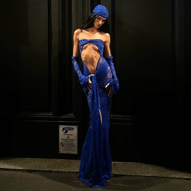 Robe bustier sexy à manches longues en dentelle GraceChic Q25DS073 INS, style européen et américain, collection été 2025._voghion.com