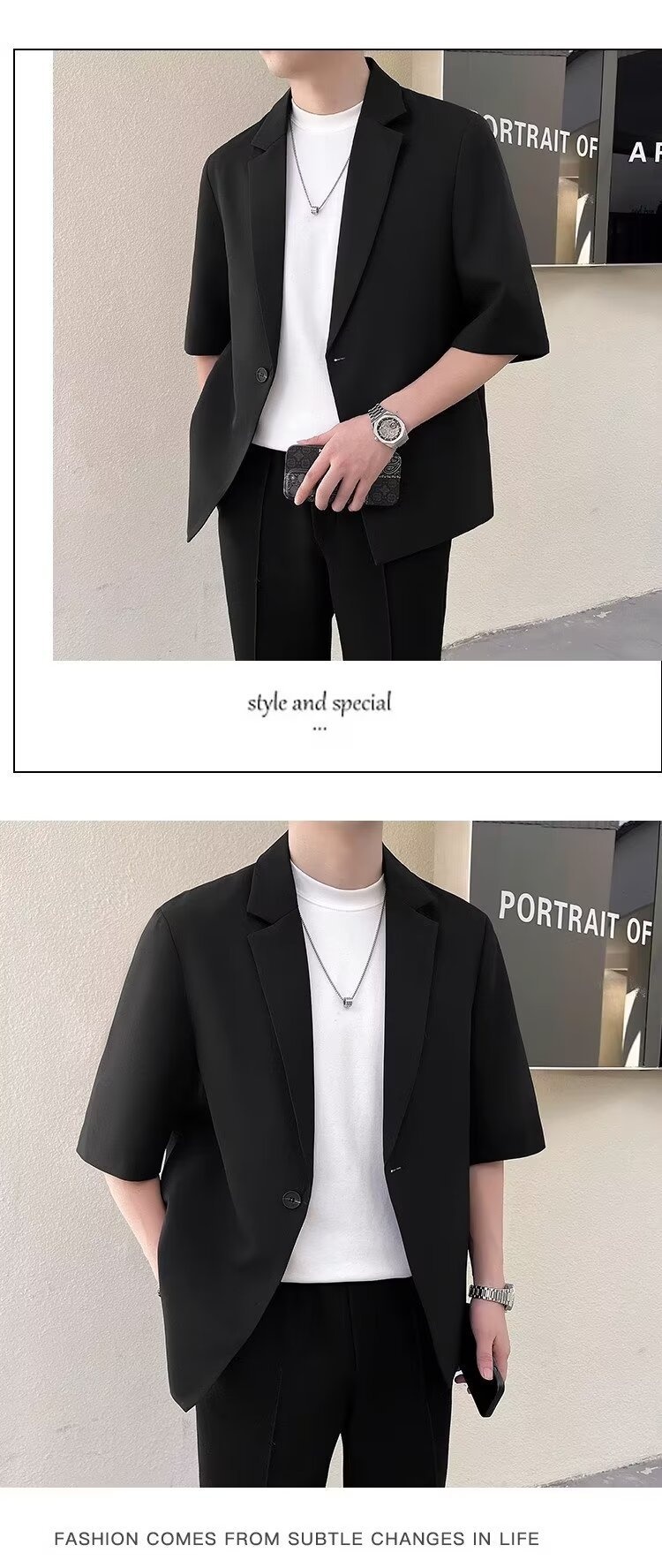 Completo estivo da uomo a maniche corte, slim fit, casual, alla moda, con maniche a sette quarti, piccolo blazer coreano_voghion.com