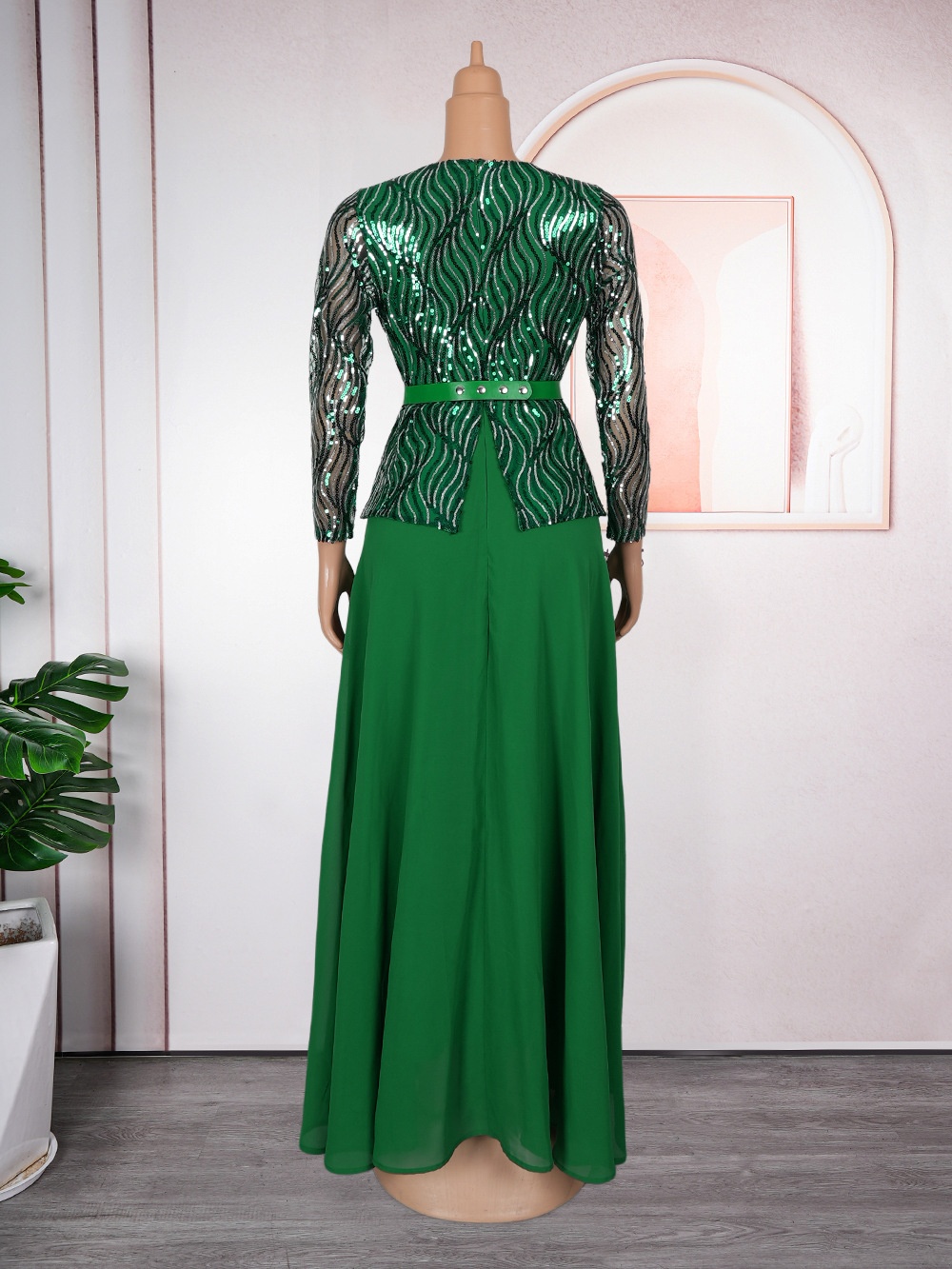 GraceChic Cross-Border Foreign Trade Sequin Banquet Party Long African Women's Clothing Plus Size Dress With Belt_voghion.com