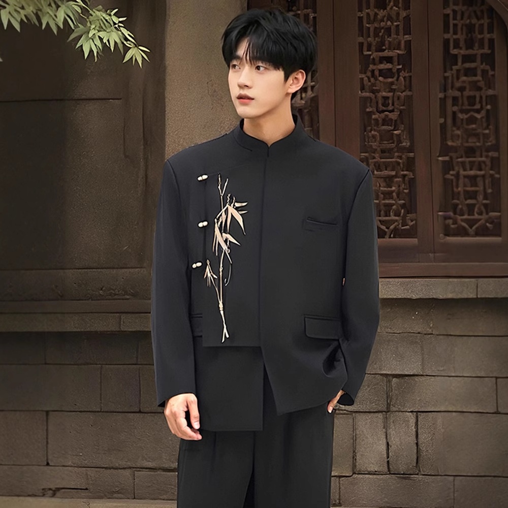 boy New Chinese Men's Formal Engagement Ceremony Irregular Set National Style Stand Collar Golden Bamboo Embroidery_voghion.com