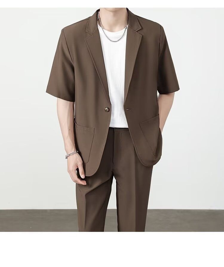 ragazzo Xia Pi Shuai Ice Silk Sottile Corto Uomo Moda Completo Due Pezzi Set Manica Cinque Quarti Casual_voghion.com