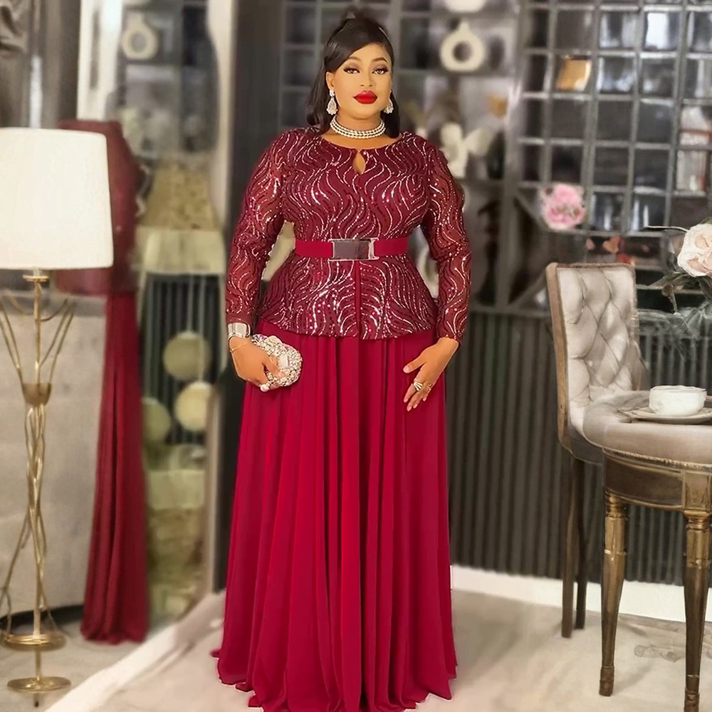 GraceChic Cross-Border Foreign Trade Sequin Banquet Party Long African Women's Clothing Plus Size Dress With Belt_voghion.com