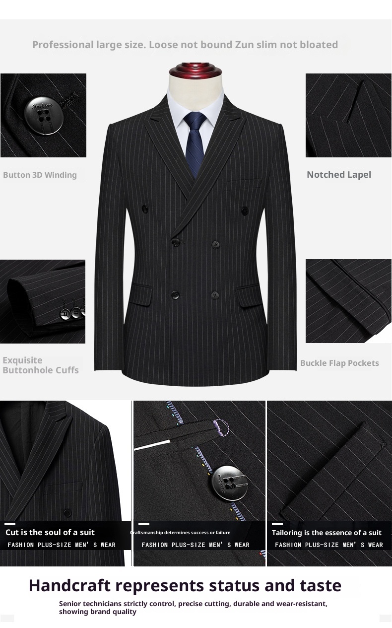 boy Double-Breasted Striped Stretch Set For Men Loose Fit Plus Size Wedding Suit_voghion.com