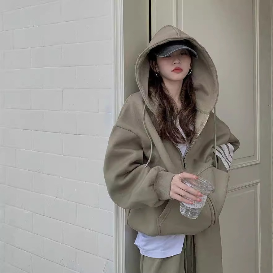 001 Thickened Hooded Sports Women, Spring, Autumn, Winter Korean Style, Loose Fit For Students, Fashionable Casual Two-Piece_voghion.com