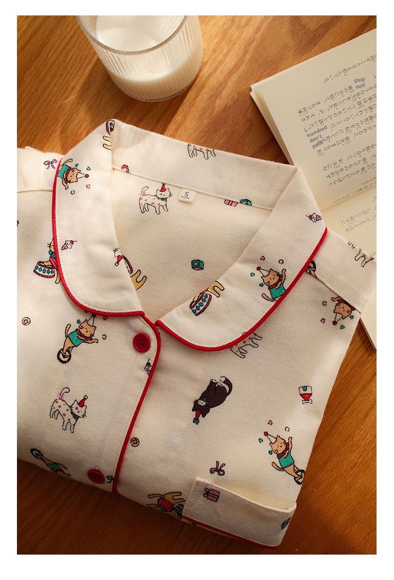 ChicShe Circus 69 – Japanischer Pyjama für Damen, Frühlings- und Winter-Homewear-Set aus gebürsteter Baumwolle mit Cartoon-Motiven_voghion.com